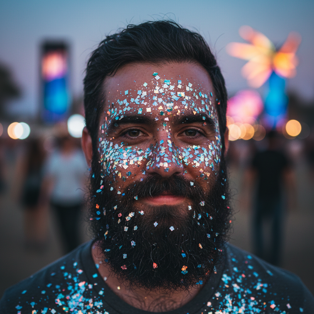 Man with a holographic glitter beard reflecting rainbow colors in festival lighting.