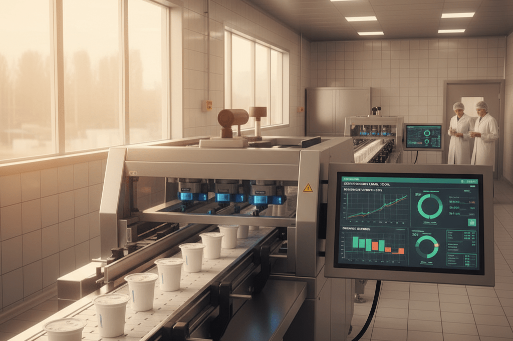 High-tech dairy contamination detection system with sensors and digital displays under natural light