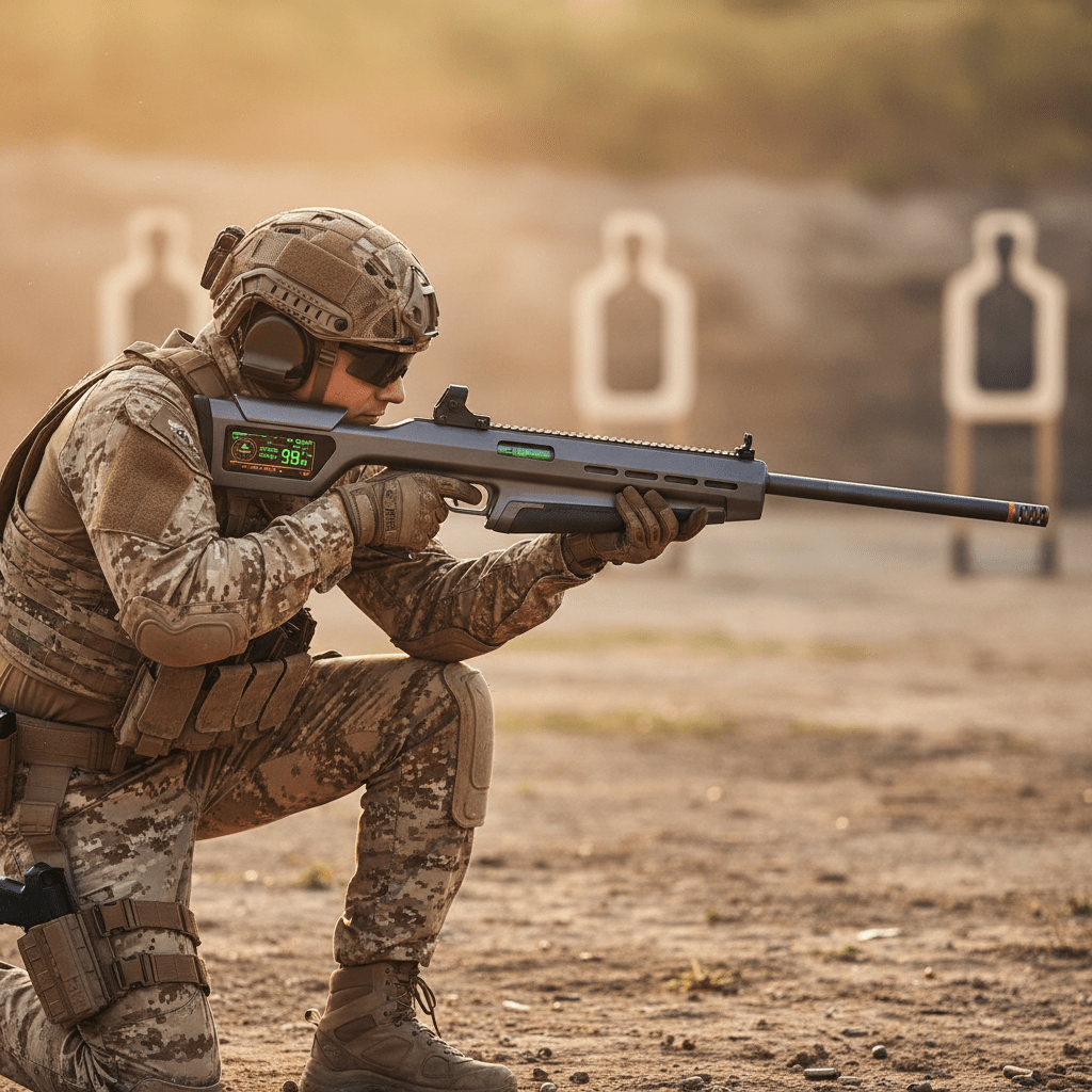 BB gun in use at outdoor competitive shooting range Shooter in tactical gear aims a modern BB gun at an outdoor competitive range.