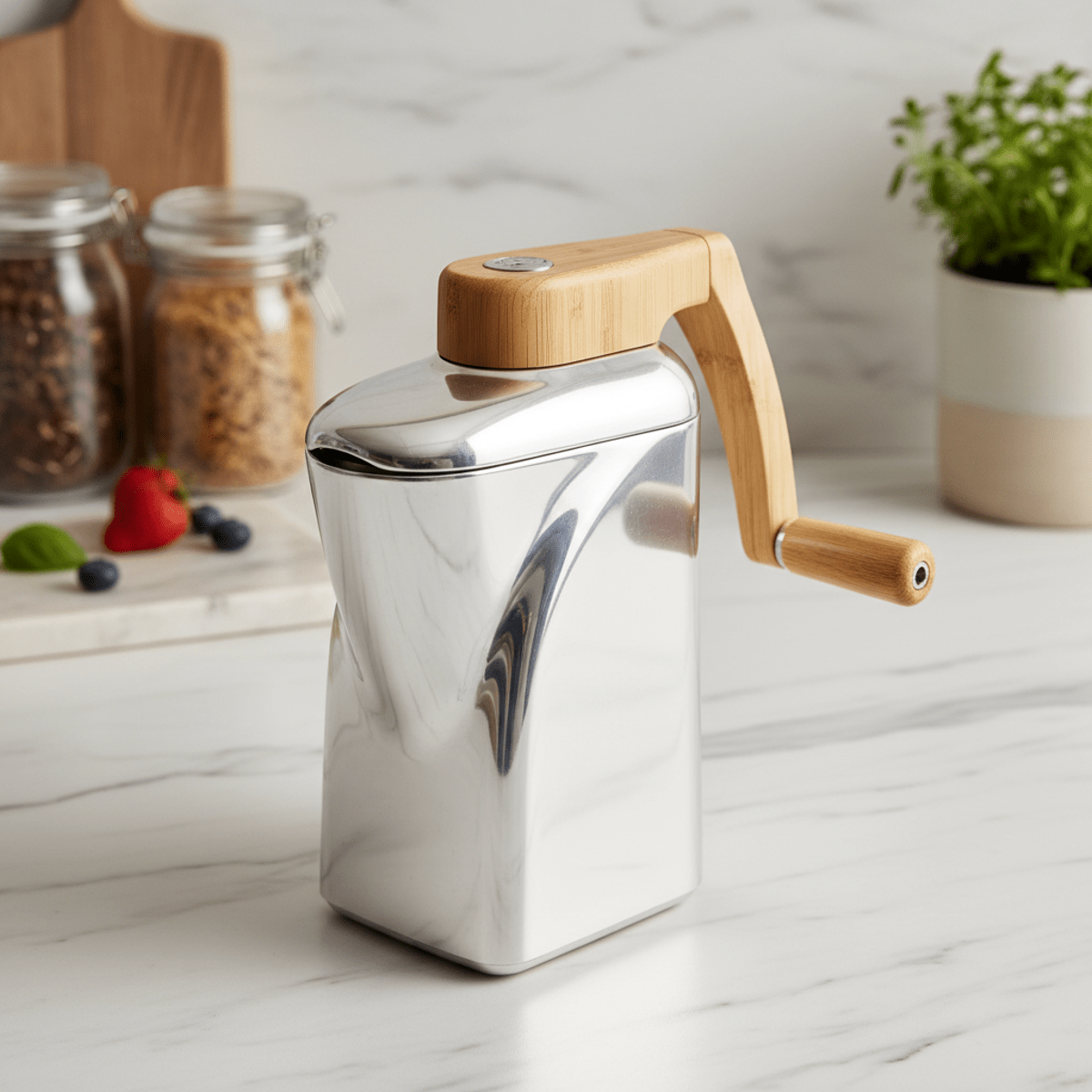Eco-friendly ice cream maker on marble counter with bamboo and recycled aluminum.