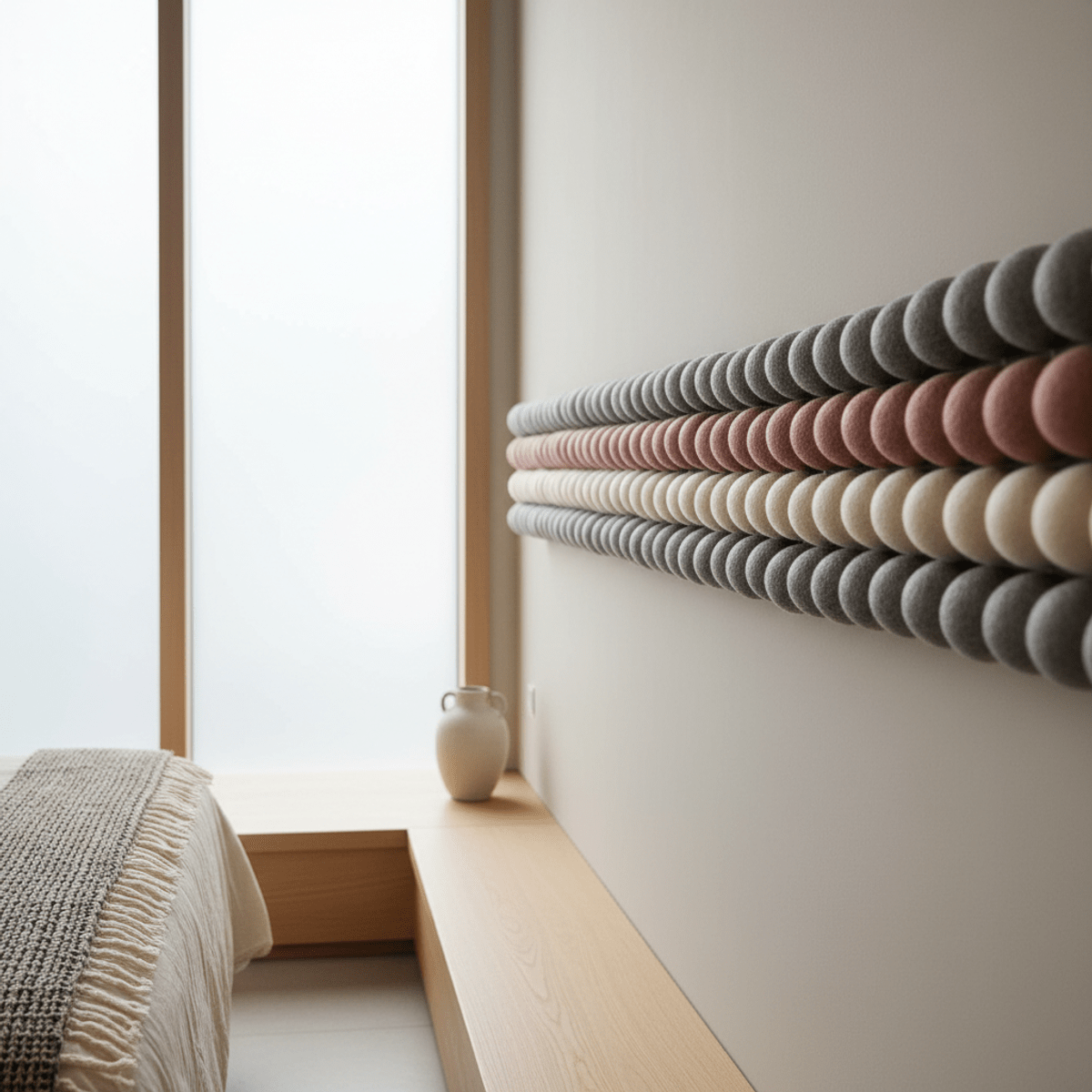 Japandi-inspired felt balloon garland with uniform spheres in muted tones.