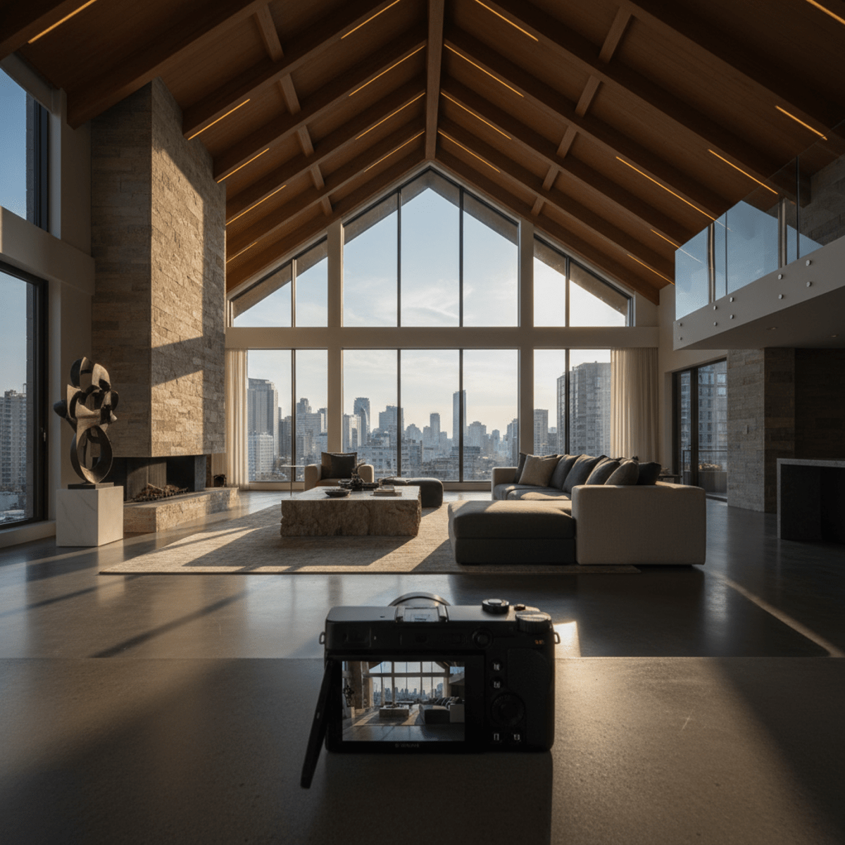 Budget camera captures expansive living room with dramatic ceiling and panoramic windows.