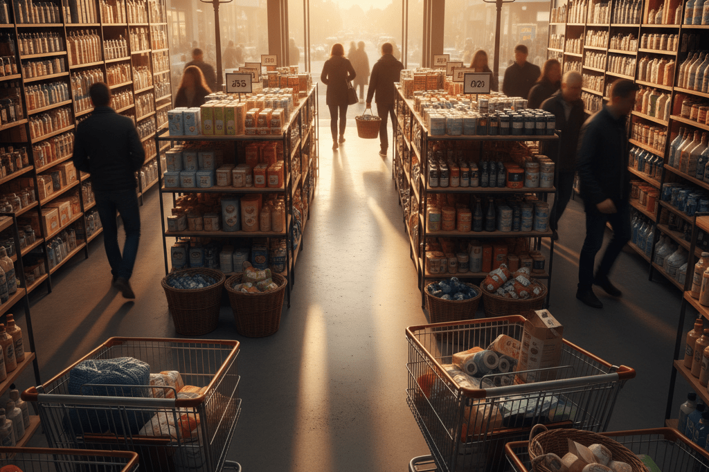 Warmly lit retail store exterior with shoppers and full shelves, reflecting heightened consumer engagement at a major sales event