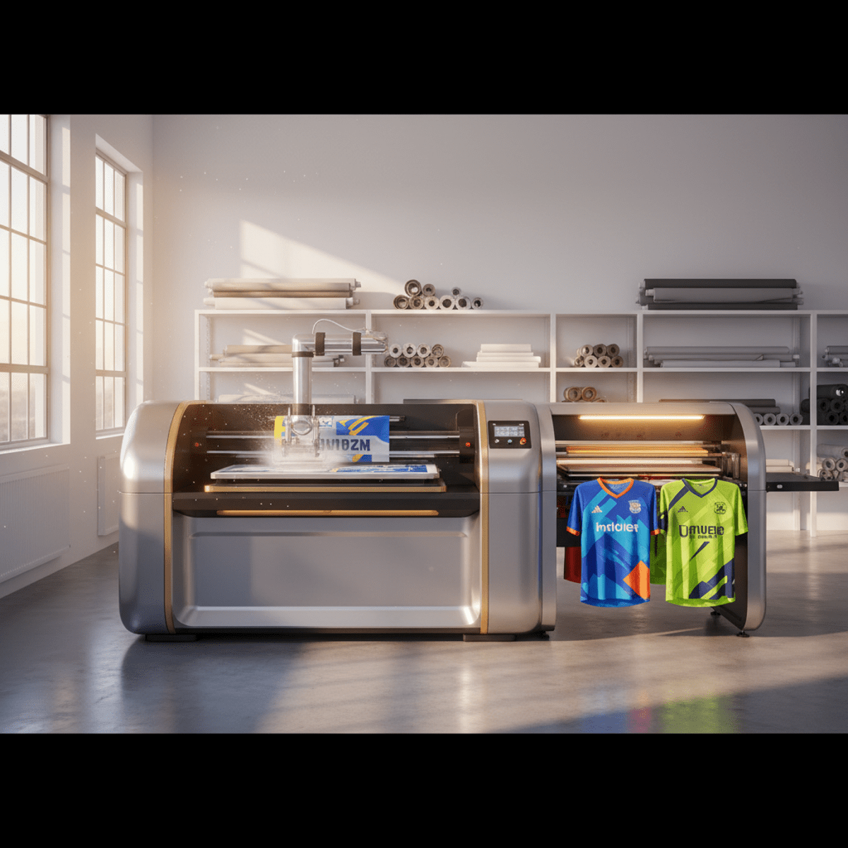 Automated shirt printer machine creating vibrant custom sports jerseys and hoodies.