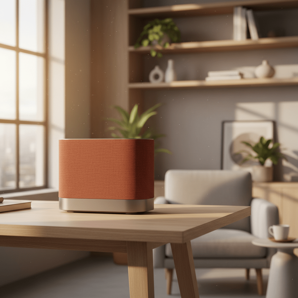 Terracotta fabric-wrapped router on a wooden desk in a sunlit home office.