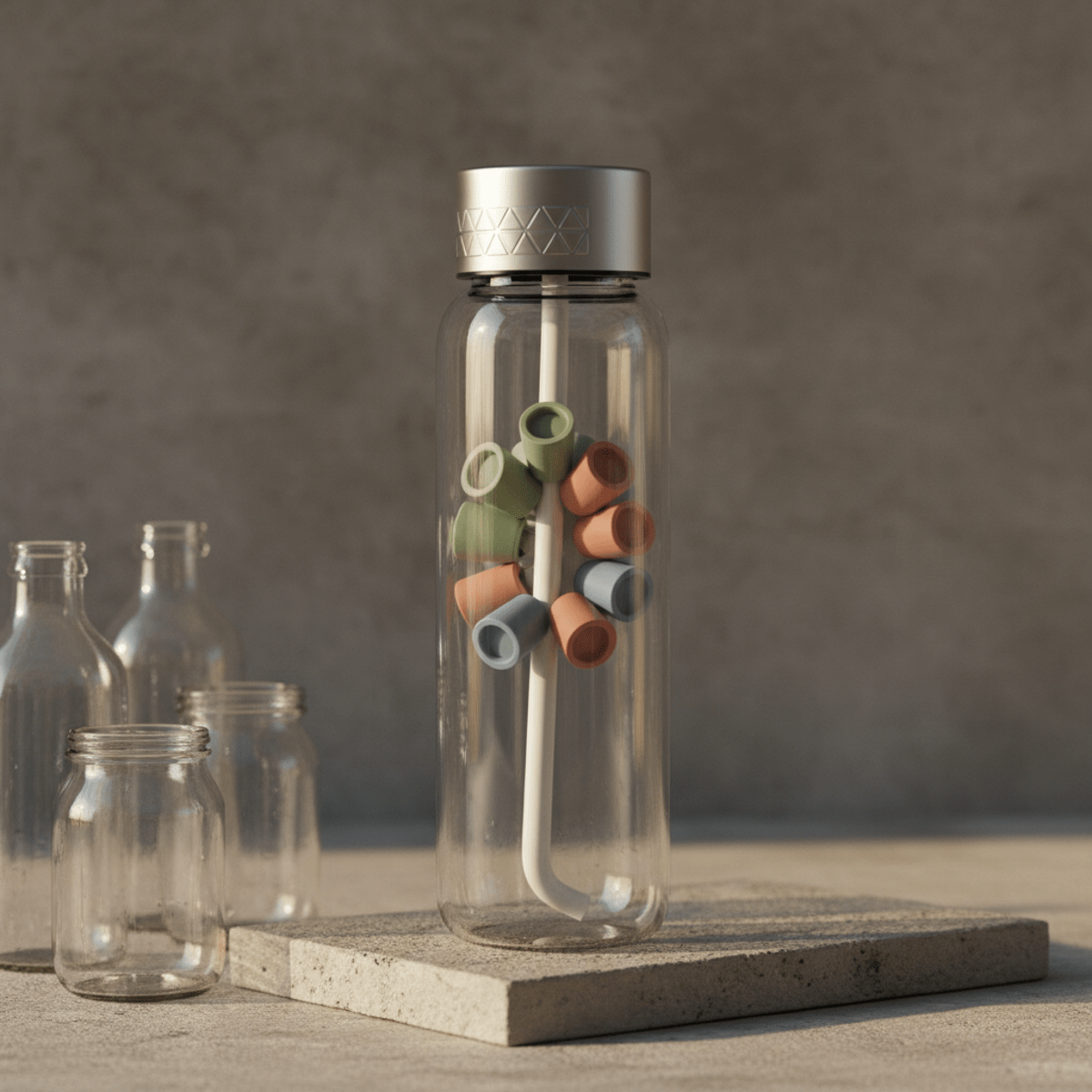 Futuristic water bottle with flavor pods and refillable cartridges, minimalist design.