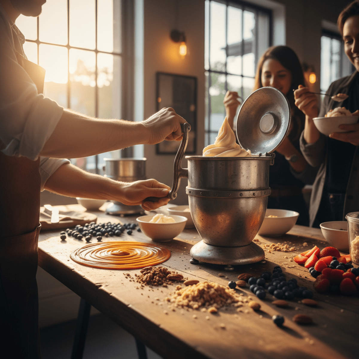 Hand crank ice cream maker with artisanal toppings on a rustic wooden table.