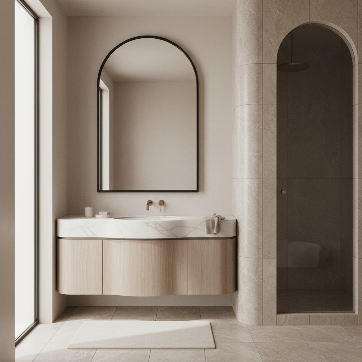 Arched mirror and curved vanity in a modern bathroom design. Modern bathroom design with arched mirror, curved vanity, and marble countertop.