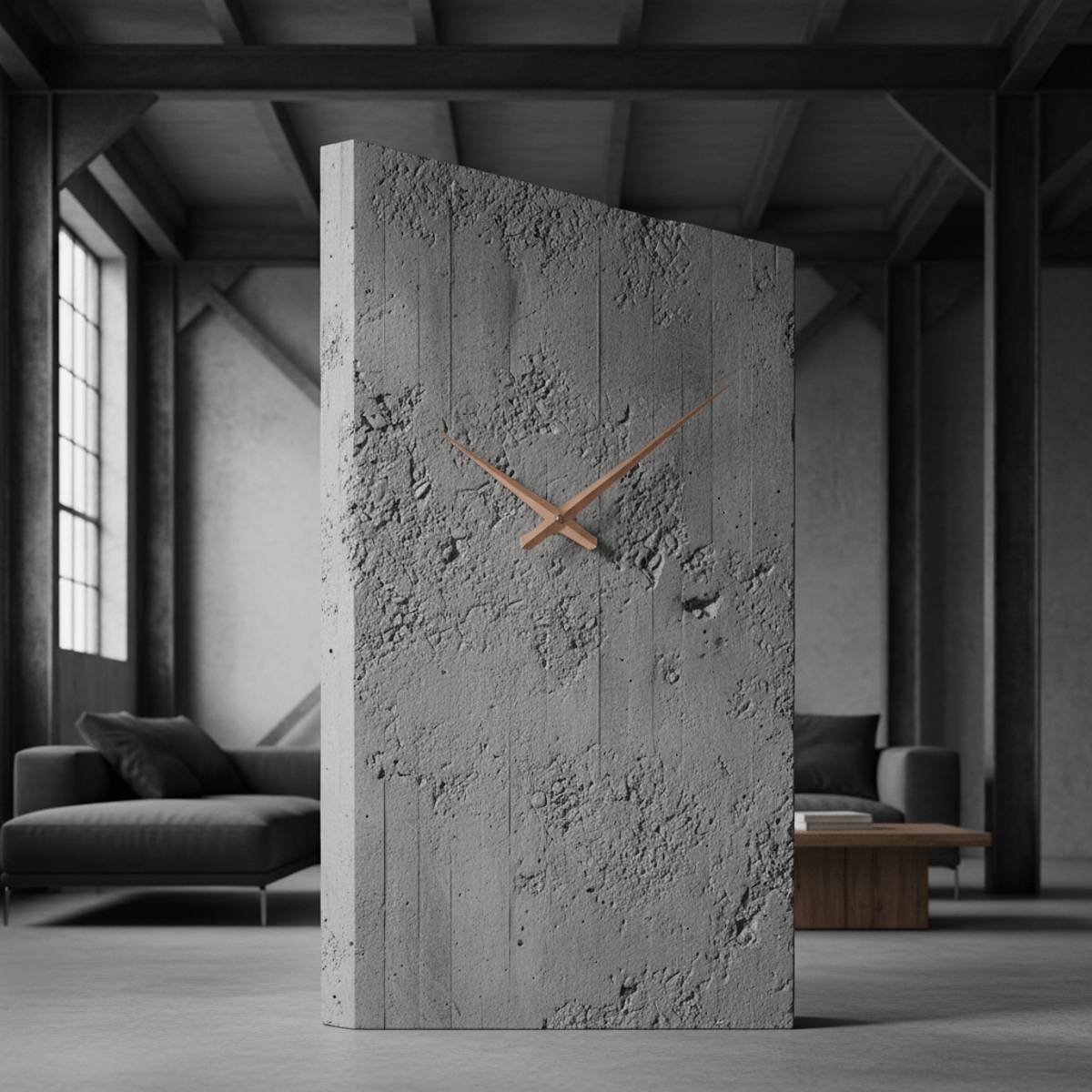 Brutalist concrete clock with copper hands in a minimalist industrial loft setting.