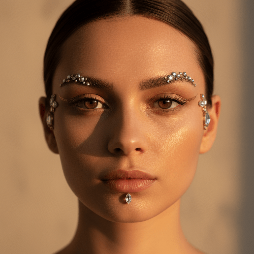 Model with rhinestone-embellished eyebrows in golden hour light.