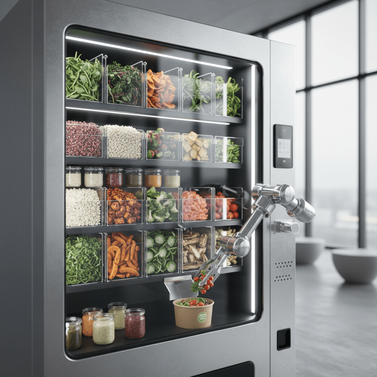 Futuristic food vending machine with fresh salads and grain bowls, robotic arm.