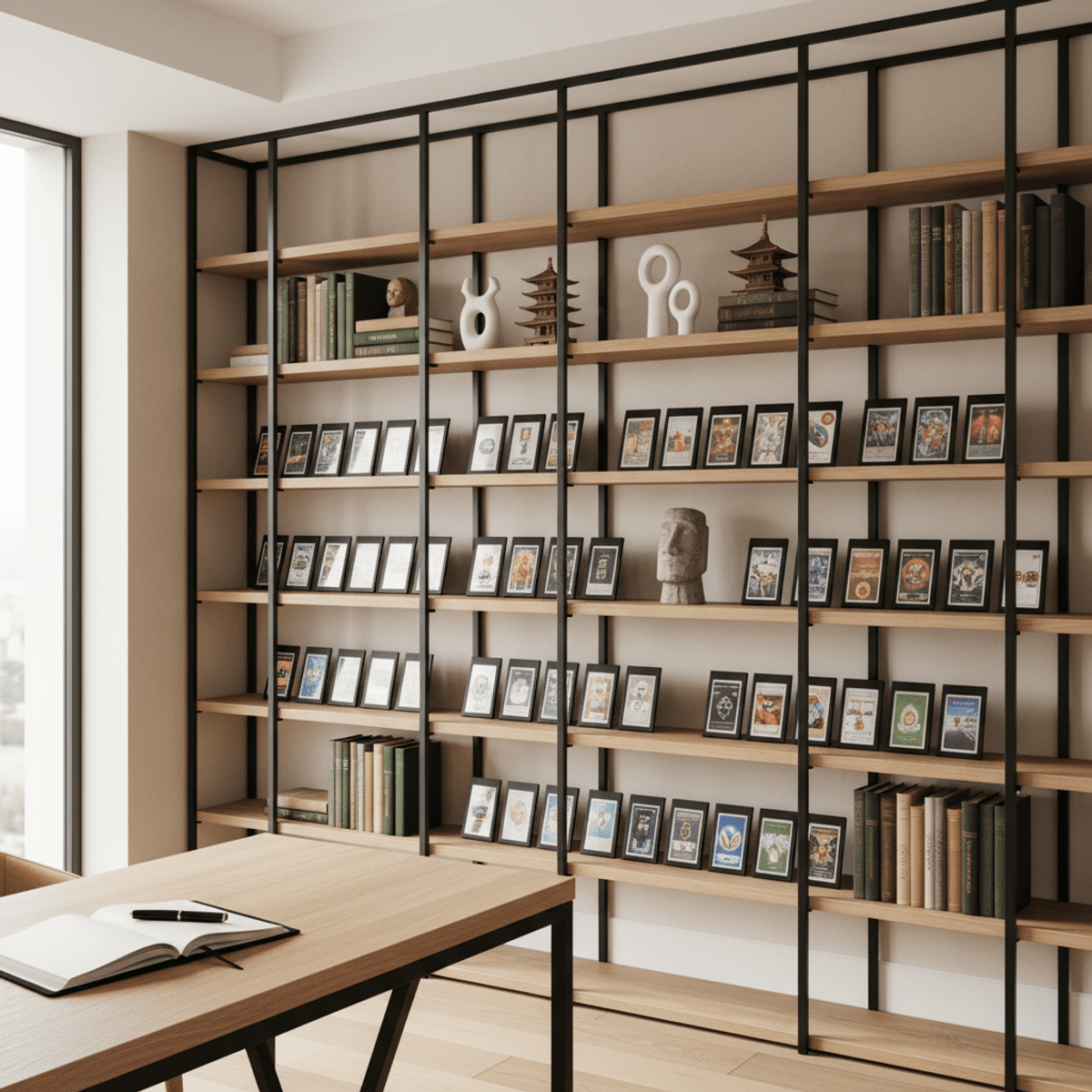 Sophisticated home office with mixed-media trading card display on sleek shelves.