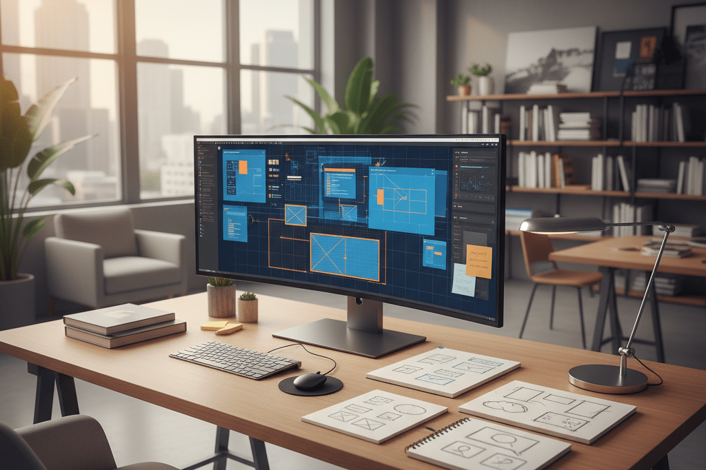Workspace of a digital designer focused on iterative refinement Wide shot of a clean digital design studio with wireframes, tools, and warm lighting, highlighting iterative process and visual consistency