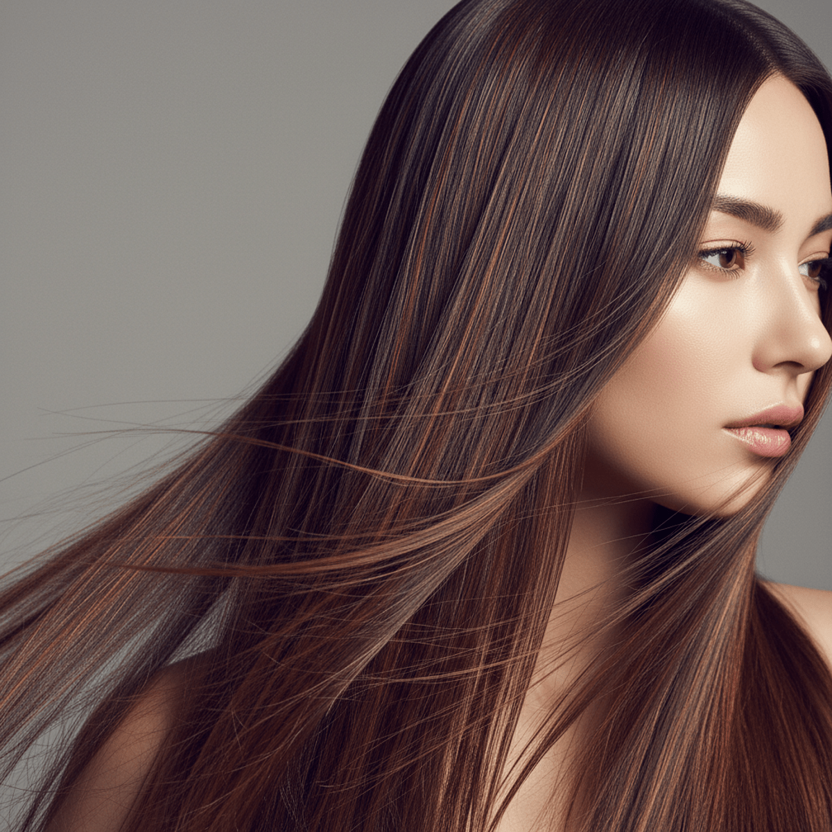 Ultra-shiny straight hair with natural color vibrancy Close-up of long, straight hair with extreme mirror-like shine and natural color vibrancy.