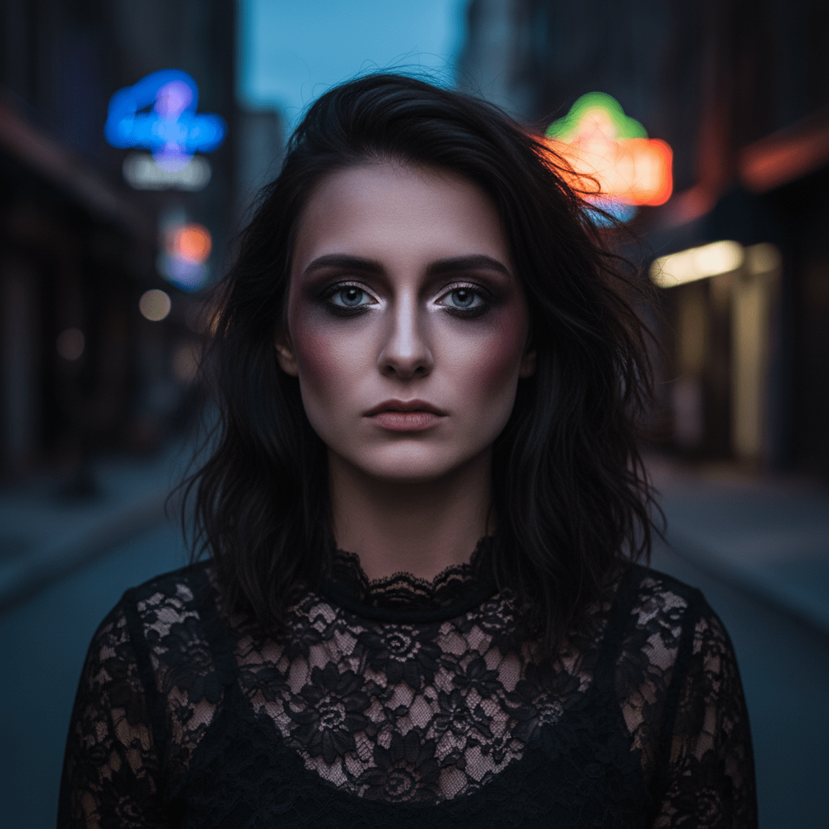 Woman with soft goth makeup and lace top in a moody urban twilight setting.