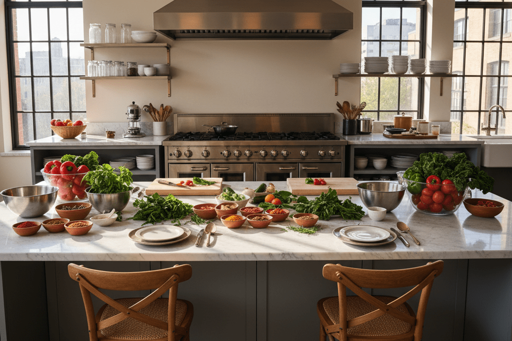 Wide shot of a stylish culinary workspace with tools and ingredients under warm natural light, evoking teamwork and creativity