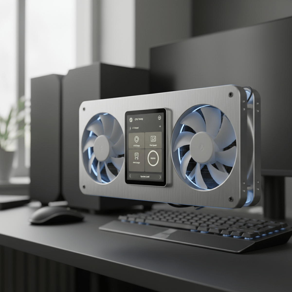 Modern CPU cooler with minimalist media dashboard on brushed aluminum finish.