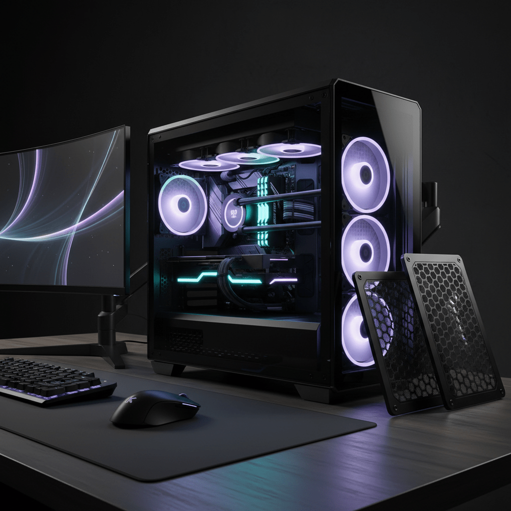 Minimalist gaming PC case with illuminated components in a sleek, modern setup.