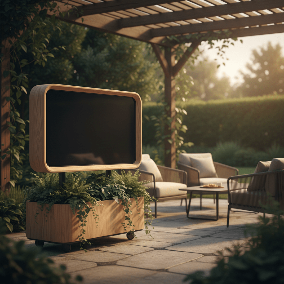 Modern portable TV with ash wood frame in a lush garden setting.