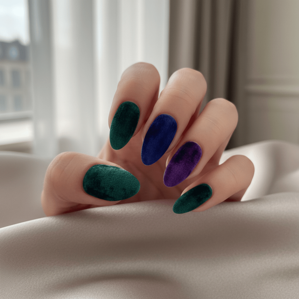 Luxurious velvet texture acrylic nails in rich jewel tones with flocking powder.