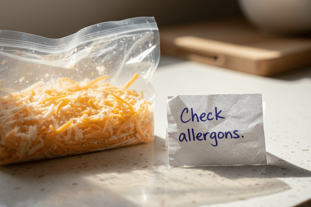 Detailed image of a cheese product next to an allergen warning note under natural lighting