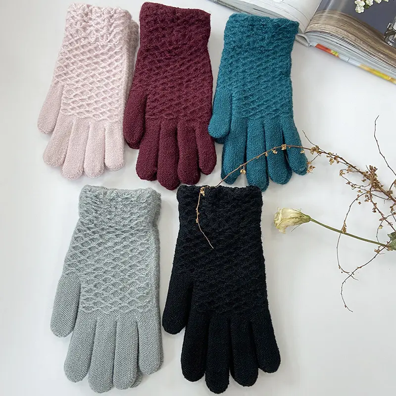 Winter Thicken Pashmina Full Finger Gloves Striped Jacquard Knitted SolidWomen