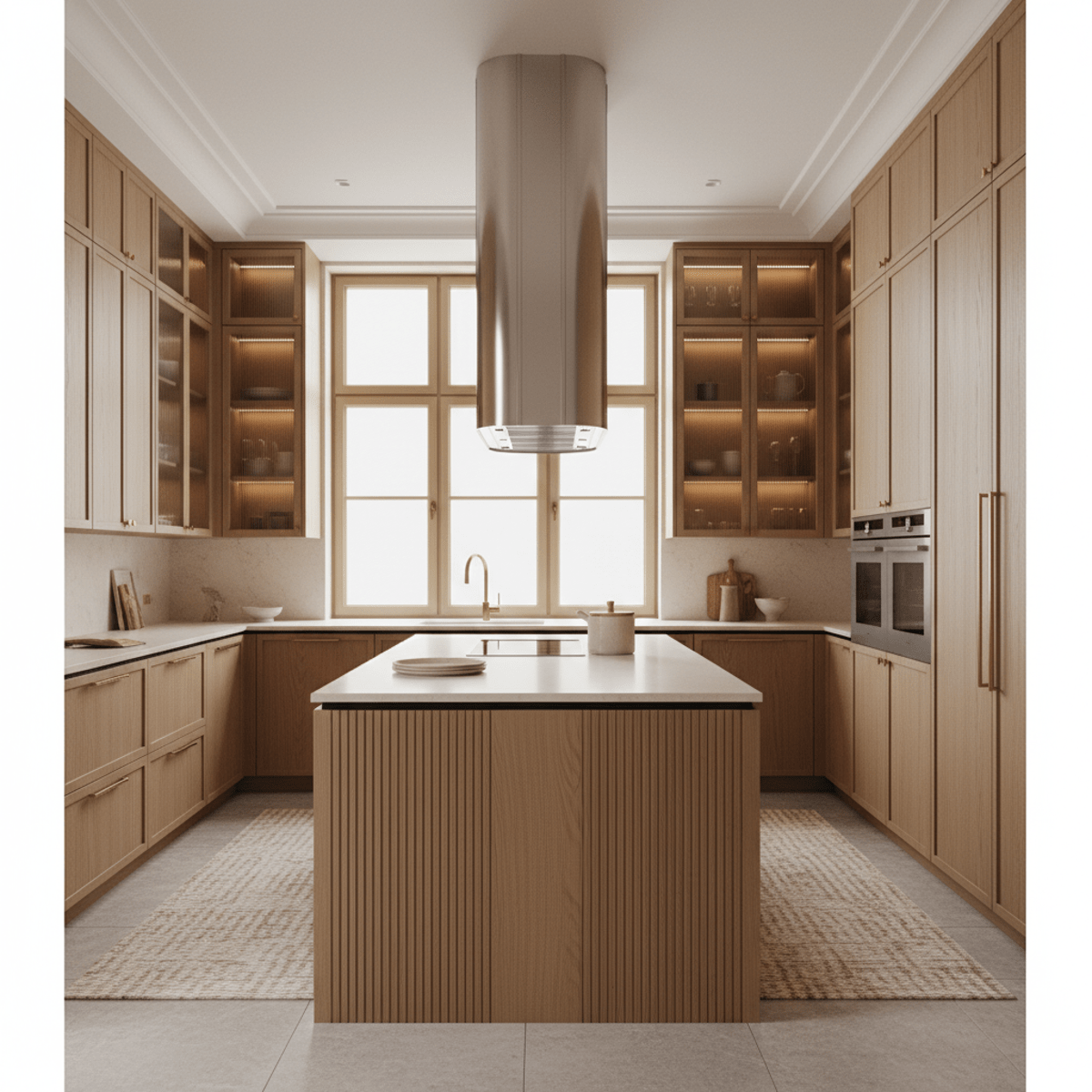 Elegant kitchen with fluted wood cabinets, reeded glass, and textured island.