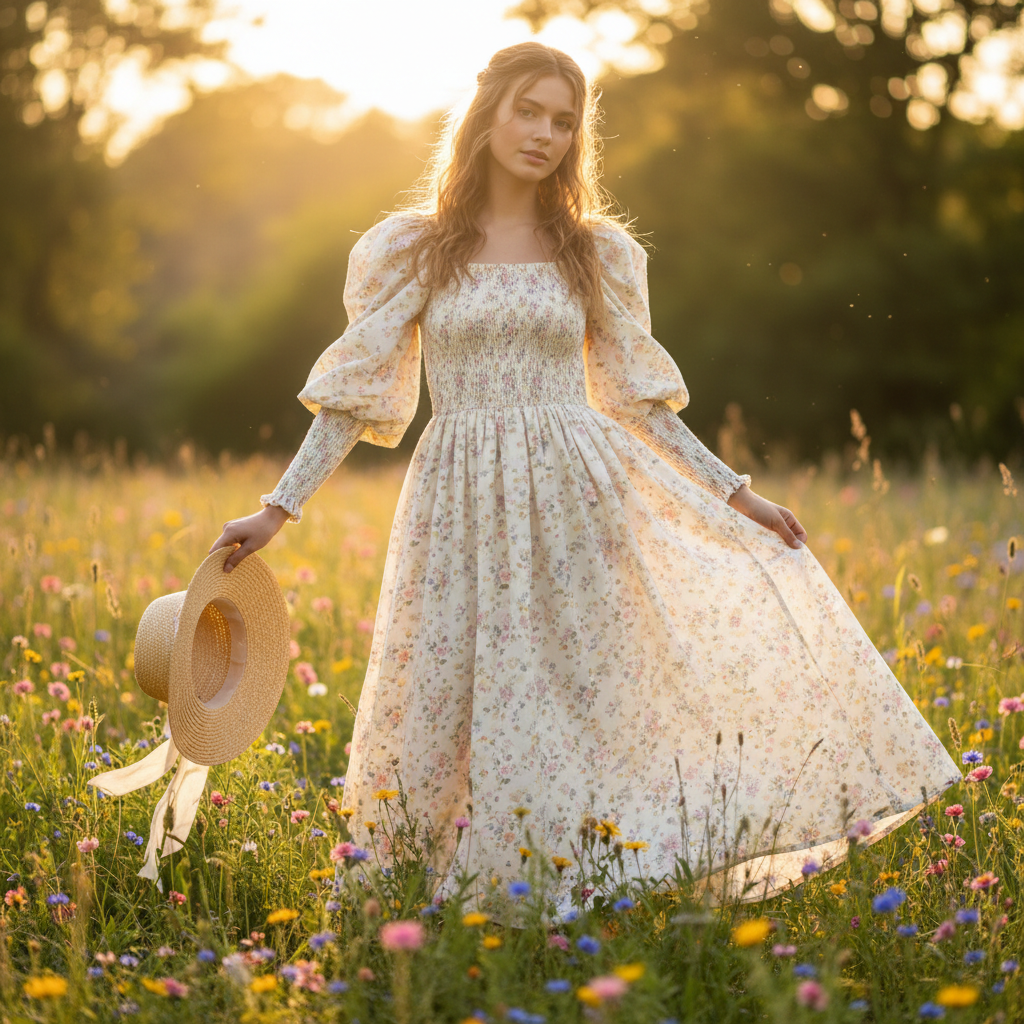 Young woman in a flowing cream cotton maxi dress with floral print in a sunlit meadow.