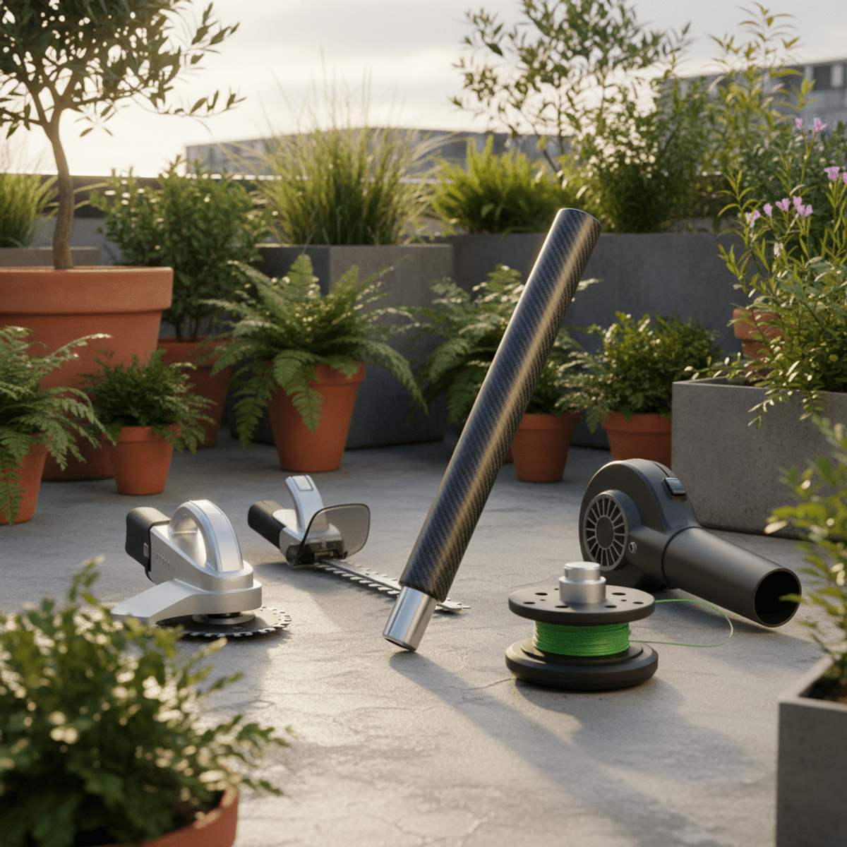 Modular garden tool attachments surrounding a carbon fiber power handle.