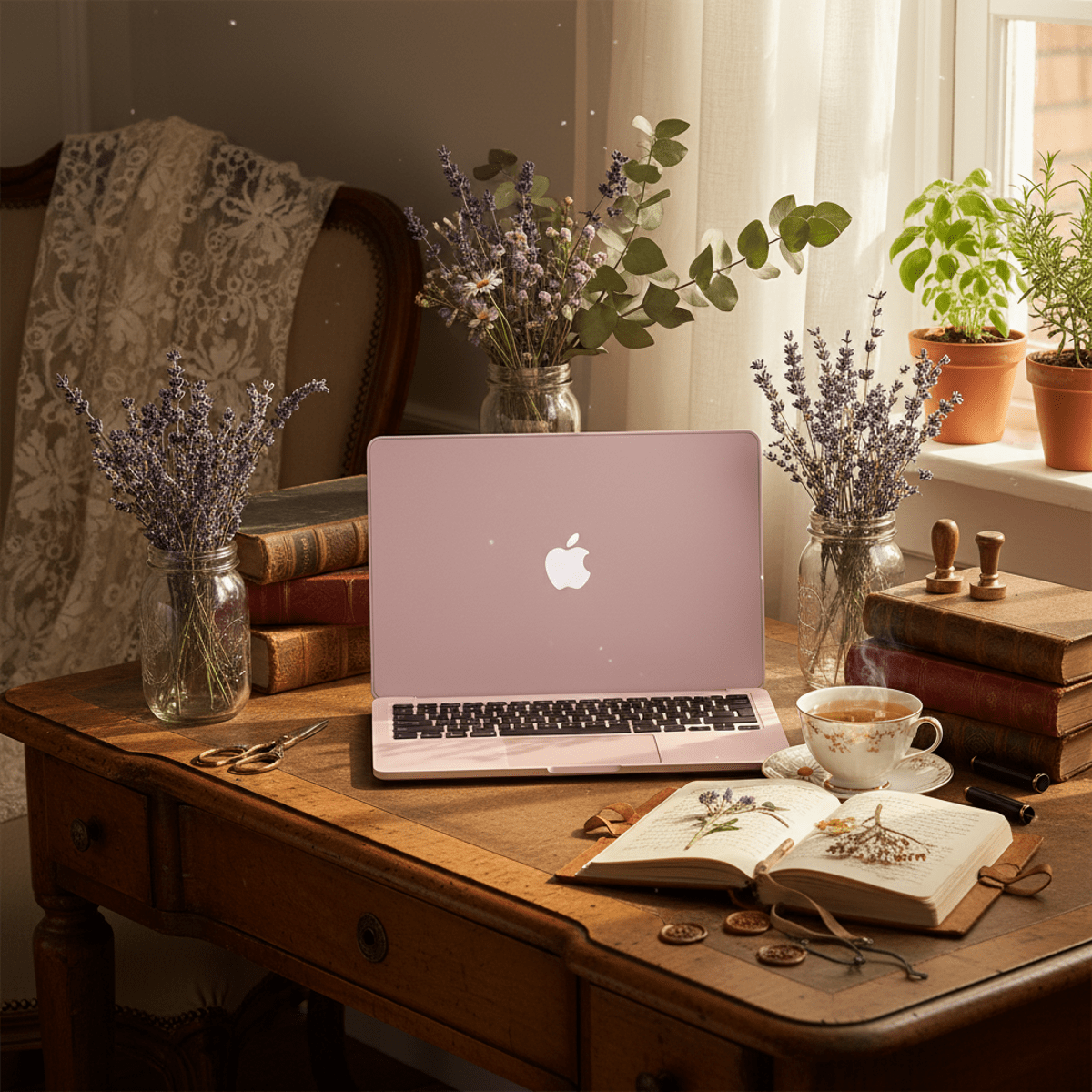 Pastel laptop on antique wooden desk with vintage books and tea.