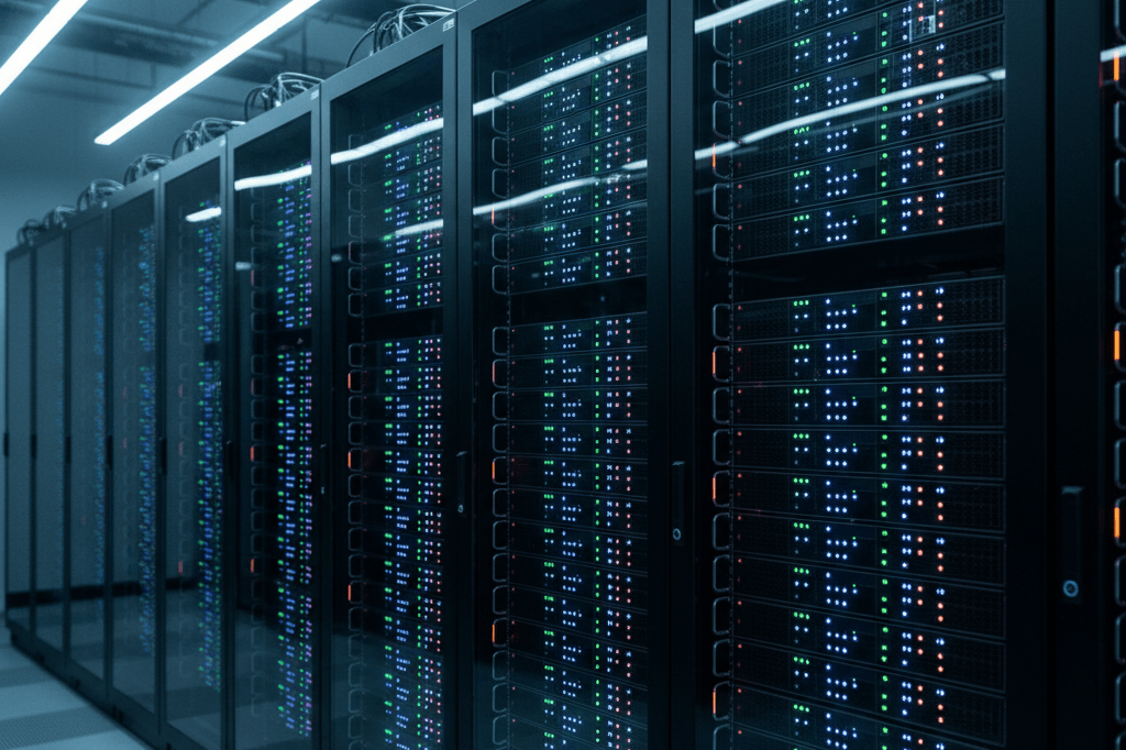 Advanced server room reflecting modern AI infrastructure Server room with computer racks and LED lights under ambient lighting, symbolizing cutting-edge AI technology environments