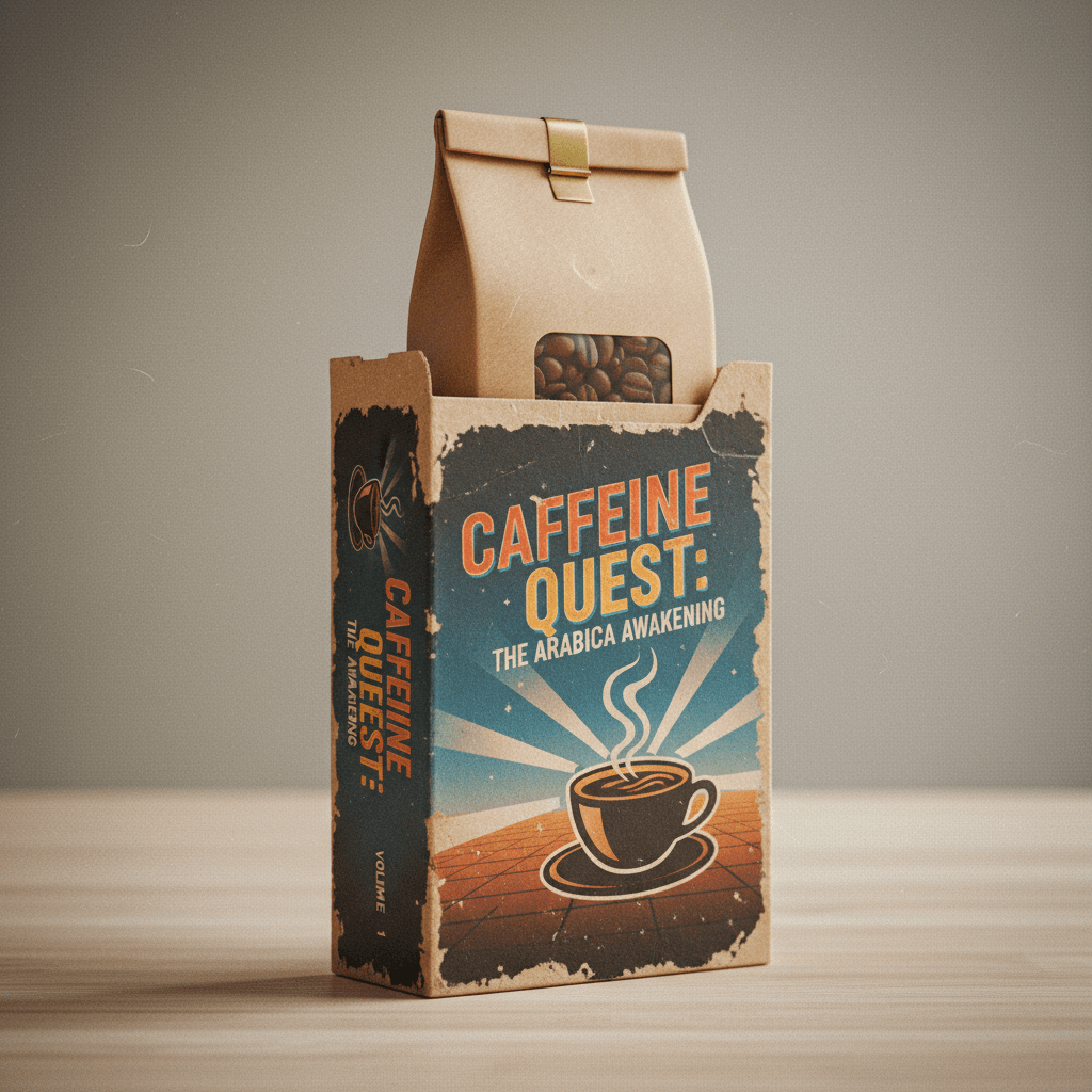 Artisanal coffee packaged in a vintage VCR case with retro typography.