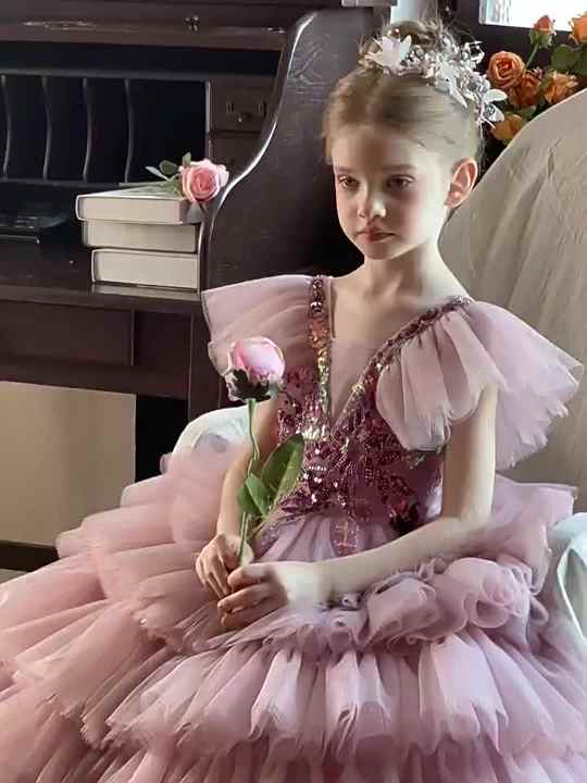 Lavender Pink Embroidered Tulle Princess Dress for Girls Elegant