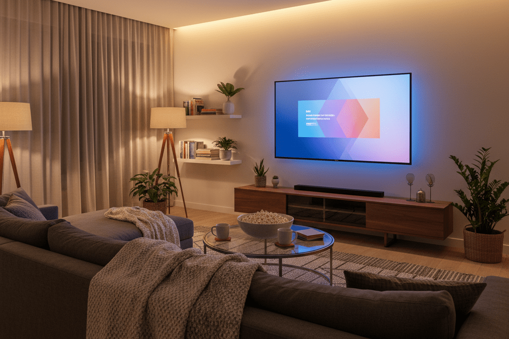 Warmly lit living room with a TV and snacks, evoking sustained engagement in weekly entertainment schedules