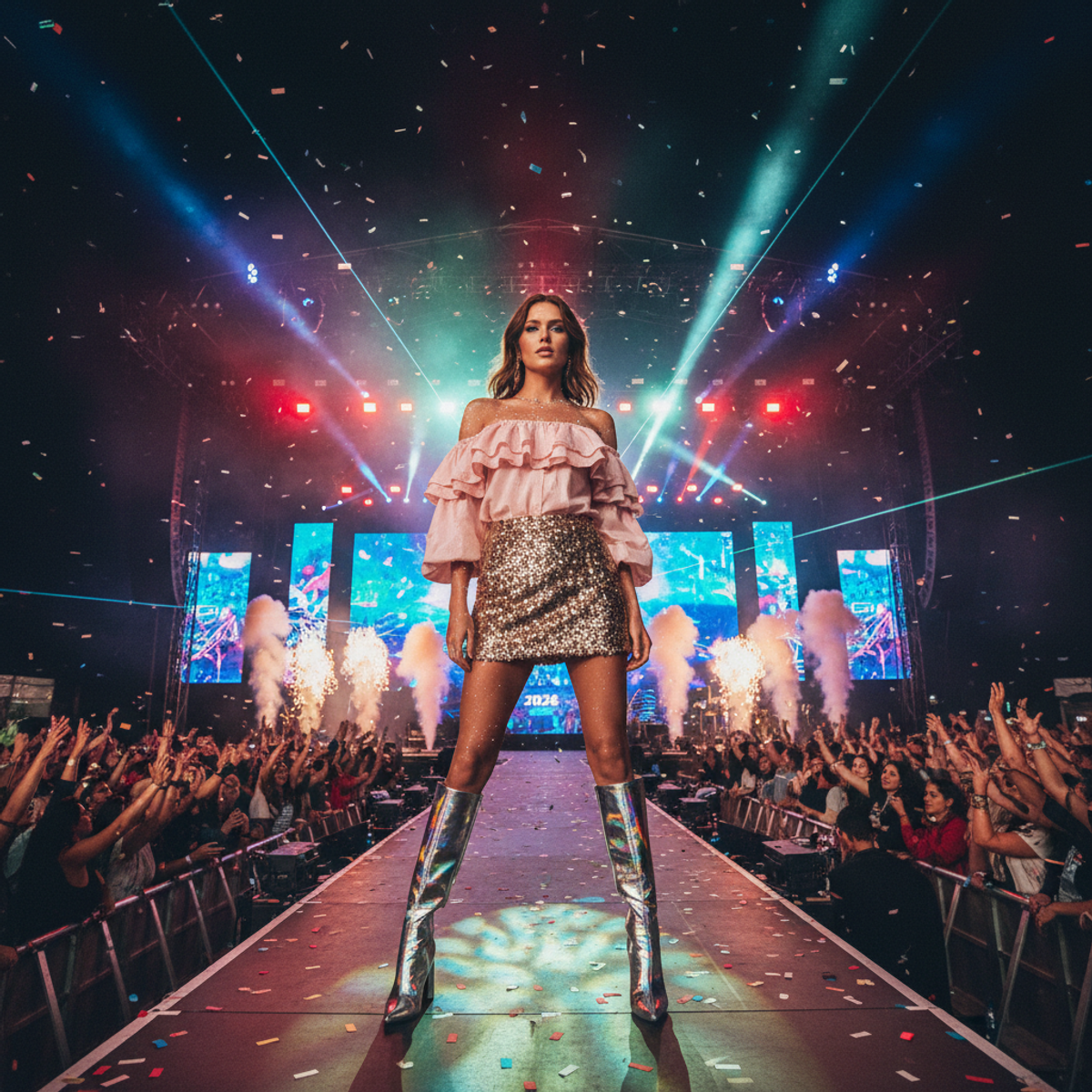 Woman in dazzling sequin skirt at outdoor concert. Woman in sequin skirt and pink blouse on concert stage with spotlights.