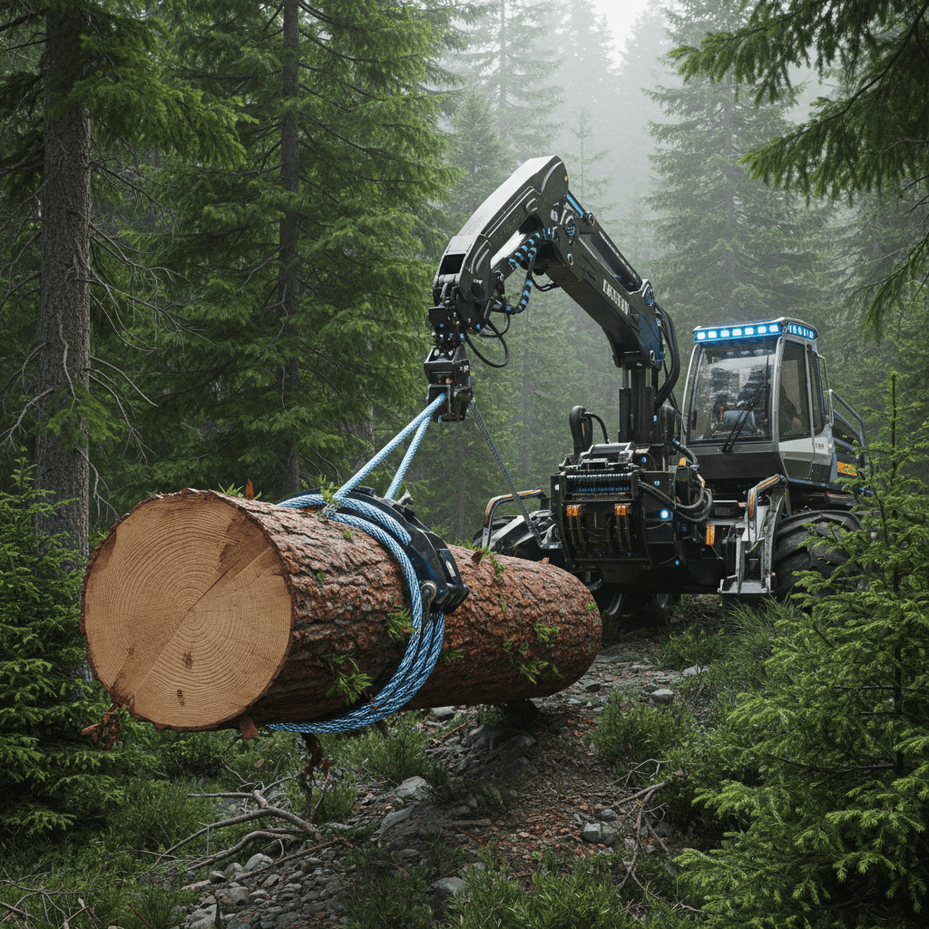 Futuristic timber harvester winch hauls log on steep incline in dense forest.