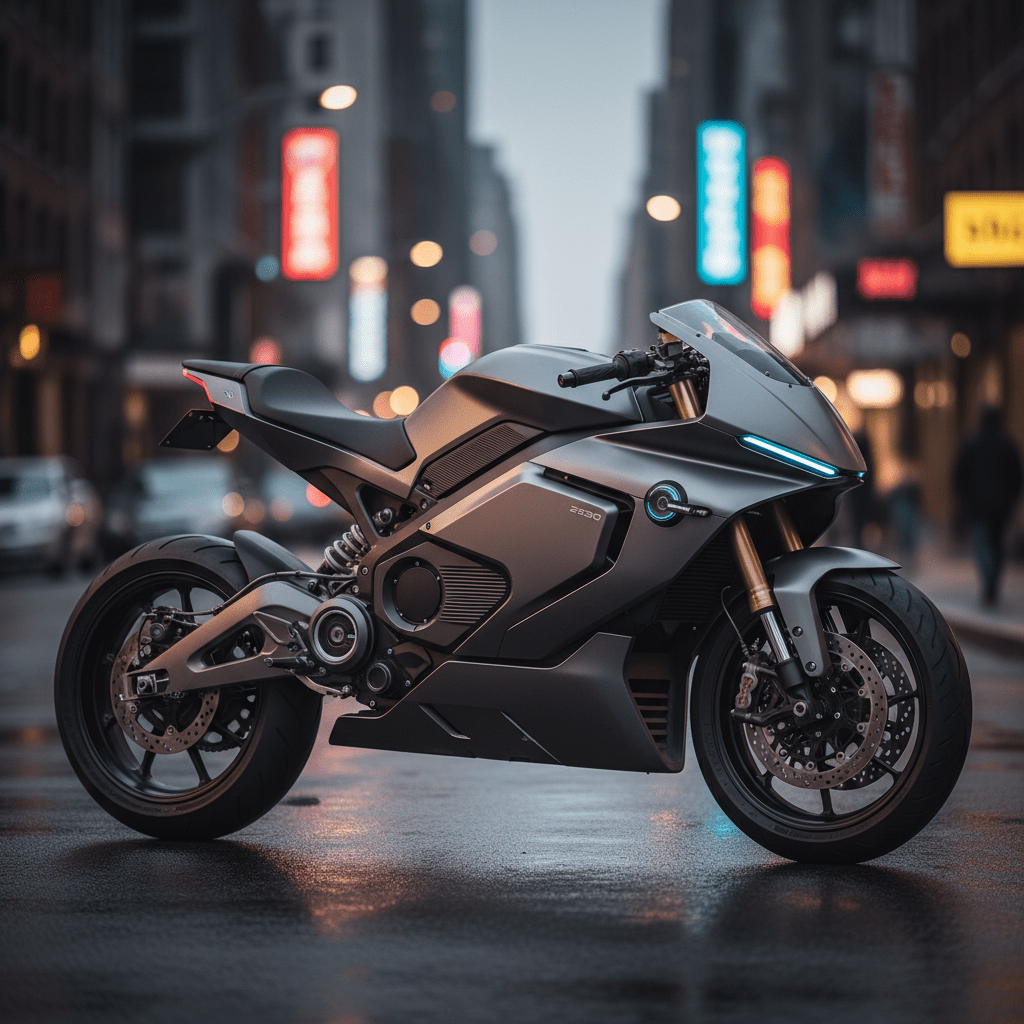 Sleek 2026 electric motorcycle with matte graphite finish on a blurred urban street.