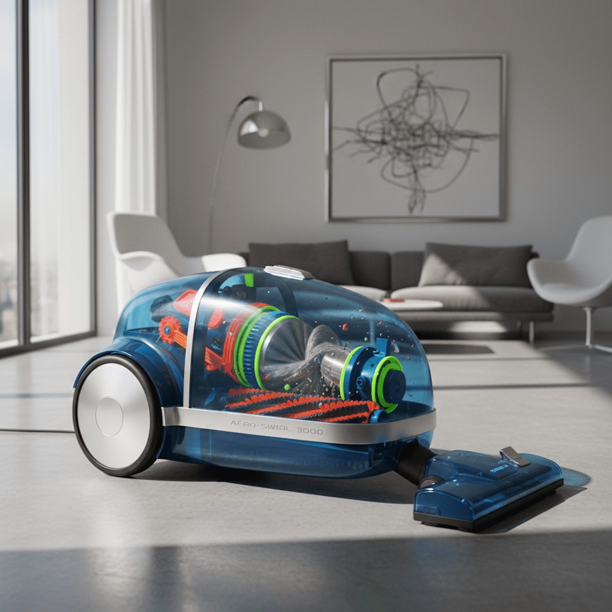 Retro-futurist vacuum cleaner with clear tinted body and vibrant internal accents.