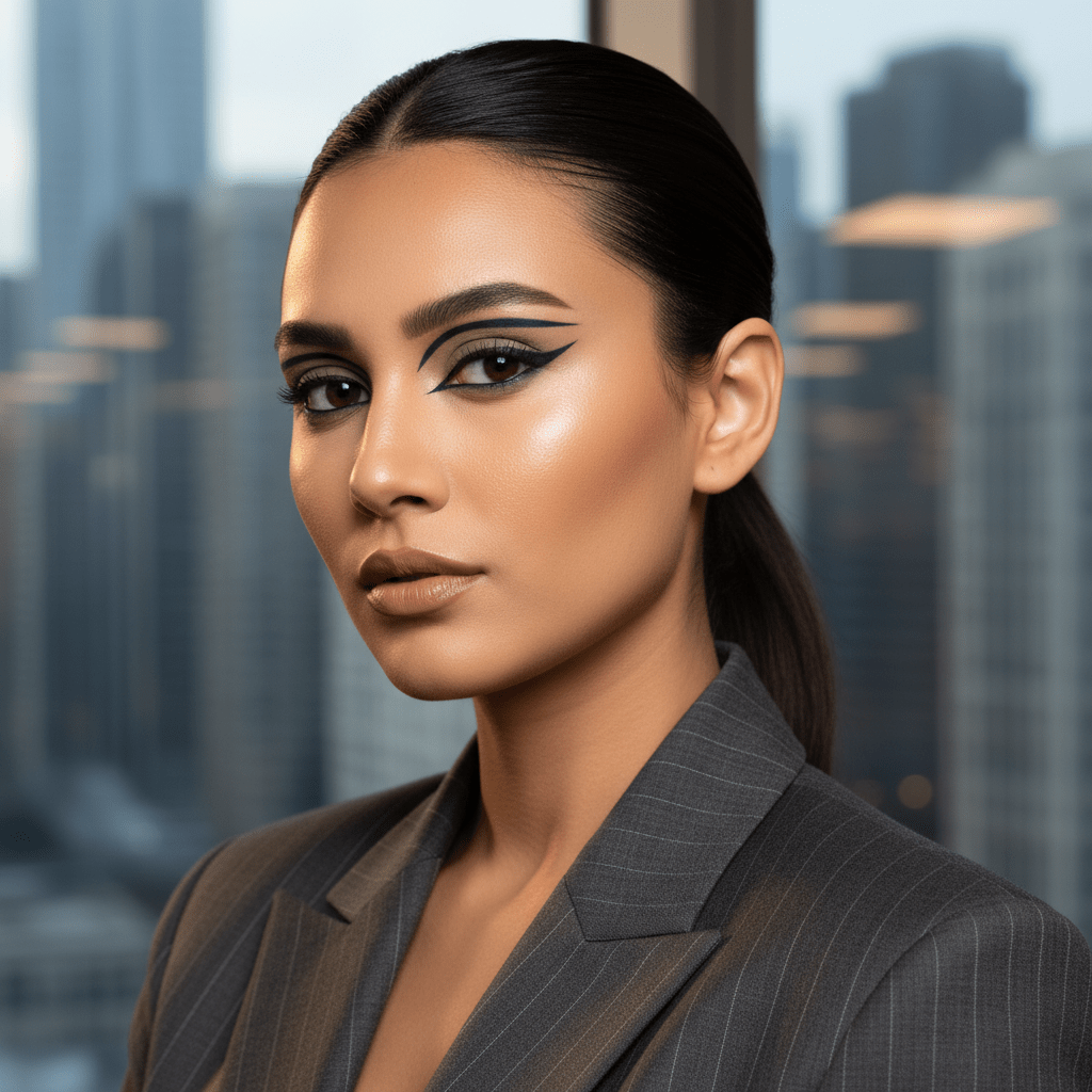 Modern makeup with geometric matte eyeliner in muted tones and clean lines.