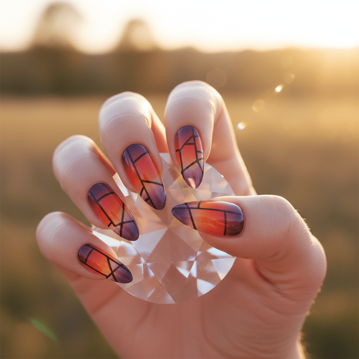 Acrylic nails with sunset stained-glass jelly design, glowing in golden hour light.