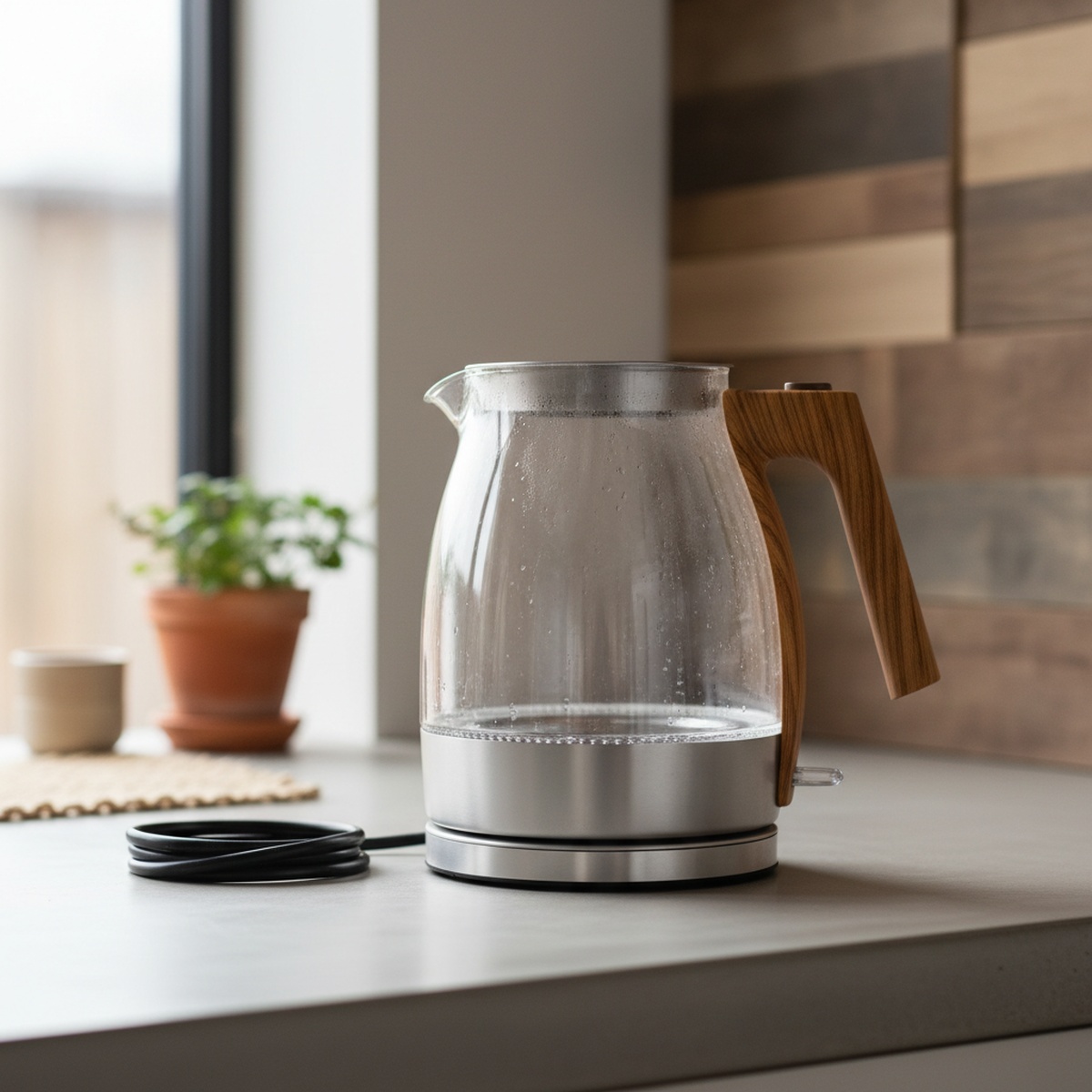Transparent glass kettle with recycled aluminum base and reclaimed wood handle.