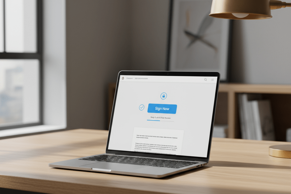 Medium shot of a laptop showing a secure e-signature interface for property transactions, lit by daylight and desk lamp, no people visible
