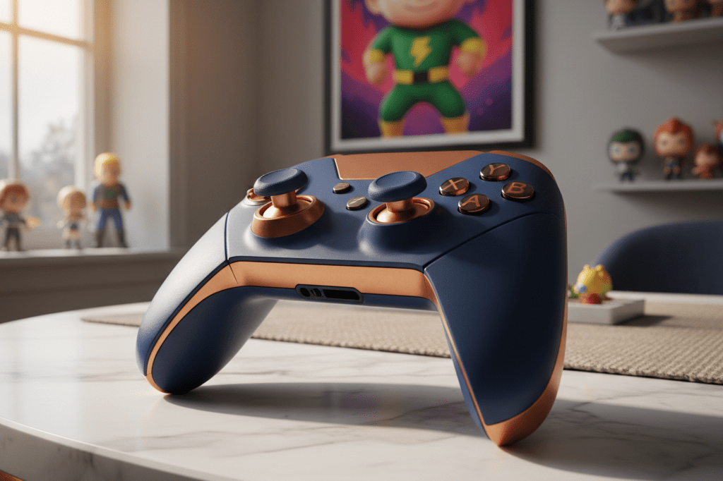 Video Game Controller Highlighting Strategic Marketing Appeal Stylish video game controller on modern table with subtle hints at character-driven merchandising strategies under natural light