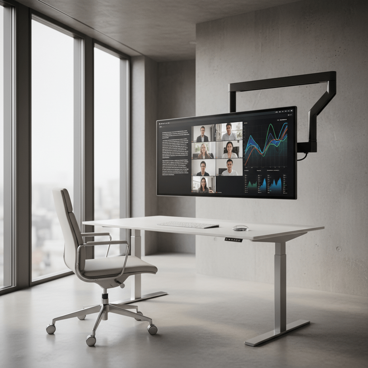 Sleek futuristic home office display showing split-screen documents and charts.