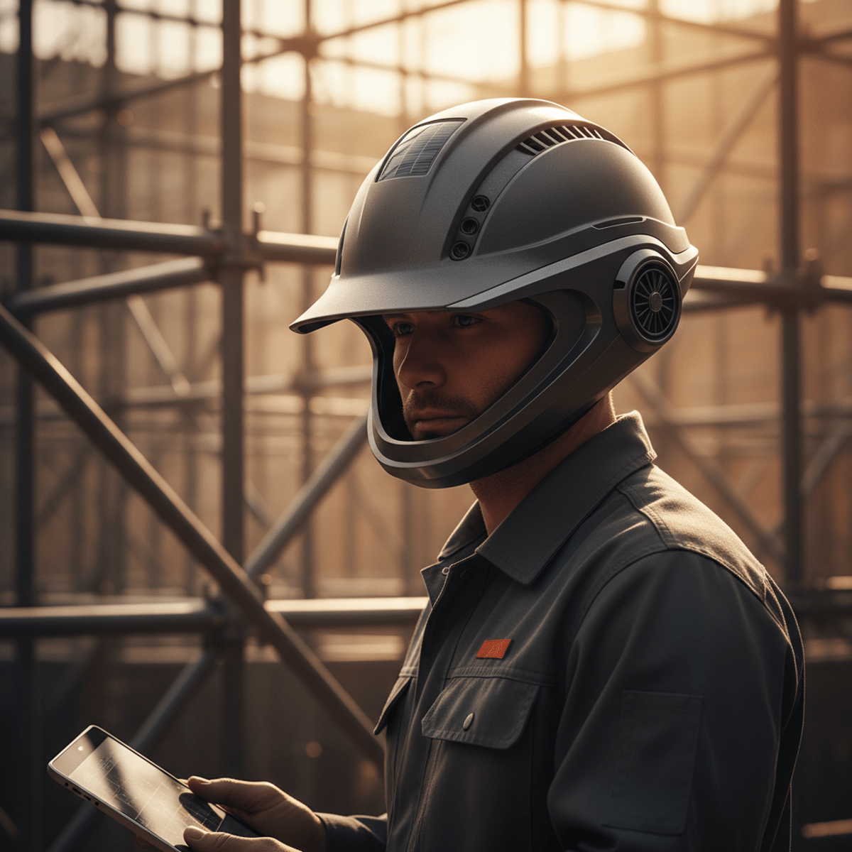 Worker wearing a next-gen hard hat with solar-powered cooling vents and graphite finish.