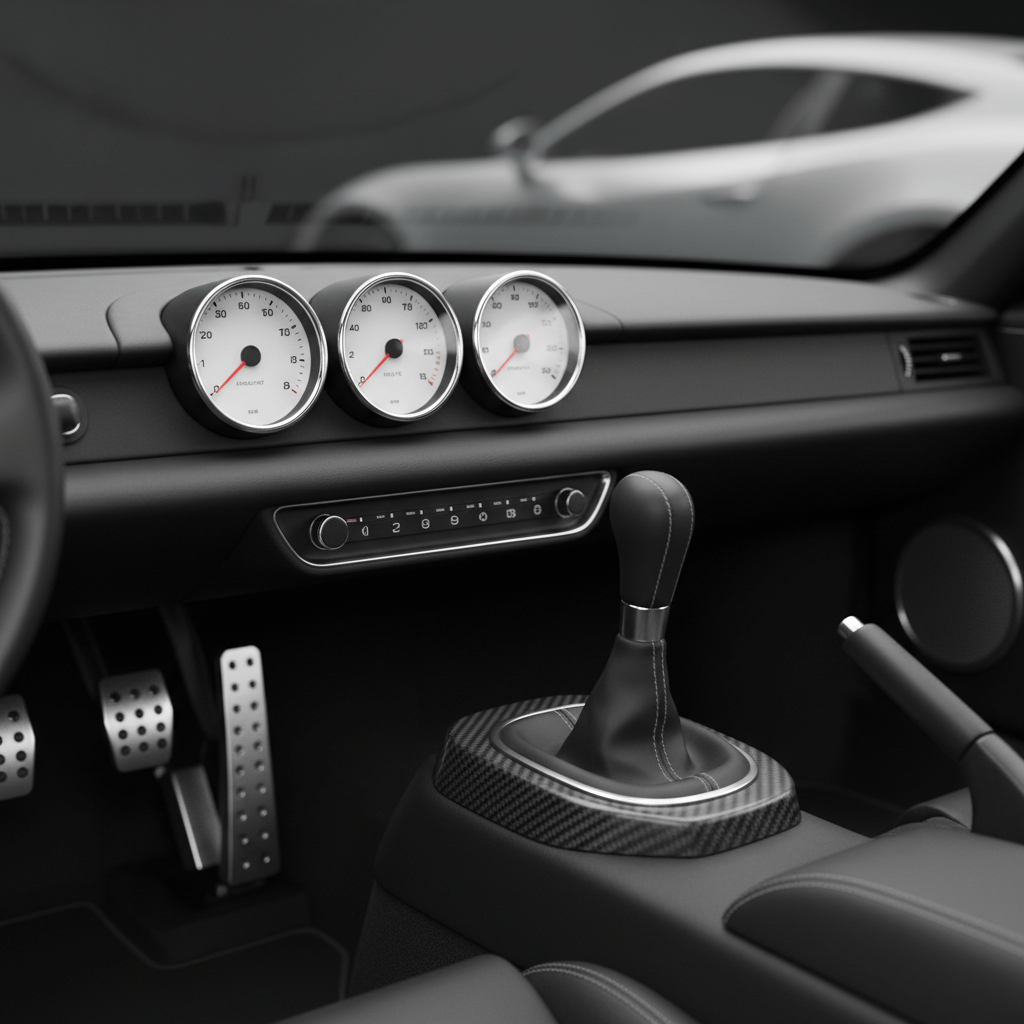 Minimalist 2026 sports car cockpit featuring black leather shifter and brushed metal pedals.