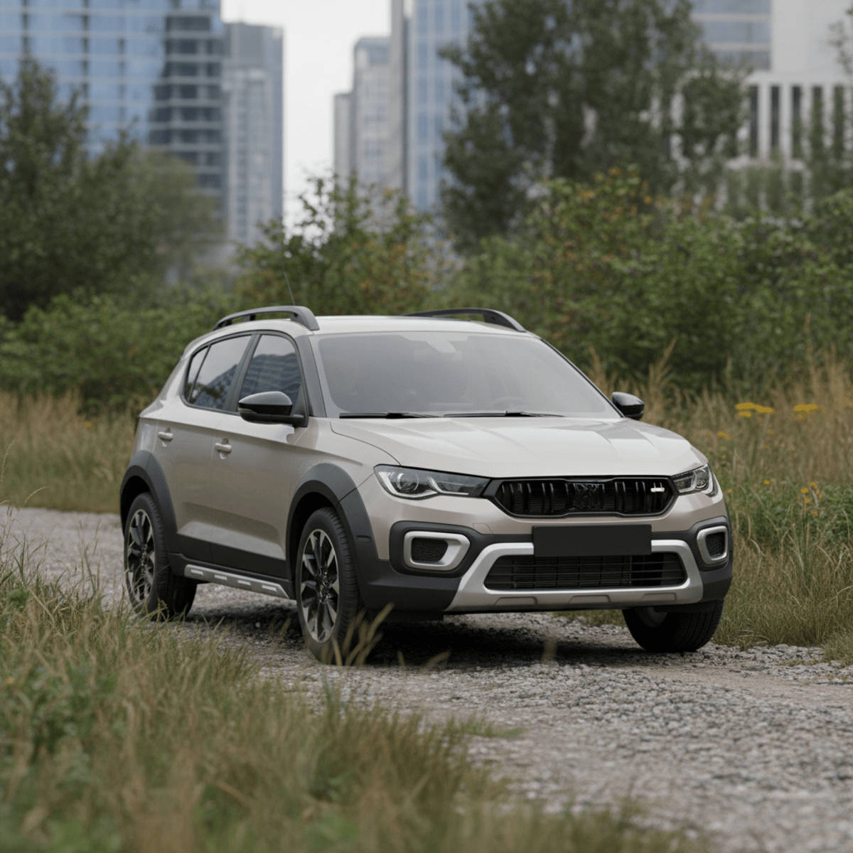 Rugged crossover-inspired subcompact car with cladding and skid plates on gravel.