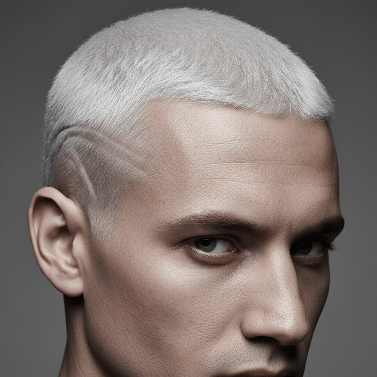 Platinum buzz cut with sharp geometric shaved line Man with platinum buzz cut and sharp geometric line, studio lighting.