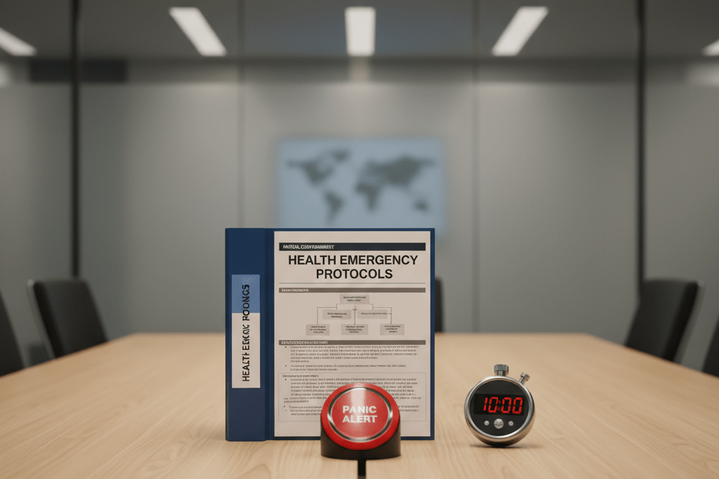 Open crisis binder, stopwatch, and panic button on a desk symbolizing rapid business emergency preparedness