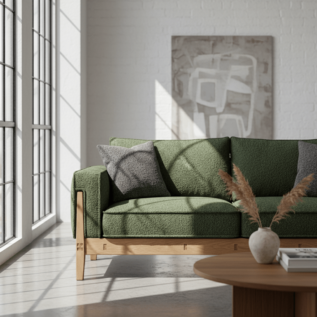 Forest green bouclé sofa with tweed accents and visible hand-stitched seams.